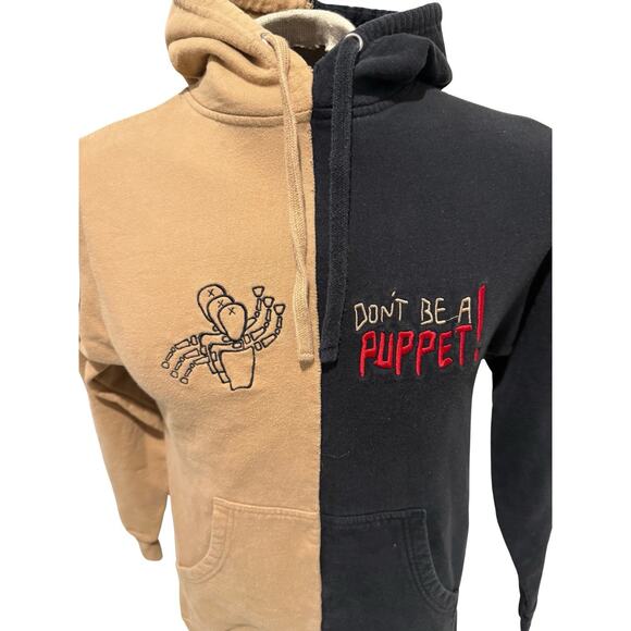 UNXPECTD Split Hoodie “Don’t Be a Puppet” Graphic Tan Black Size Small - Picture 2 of 6